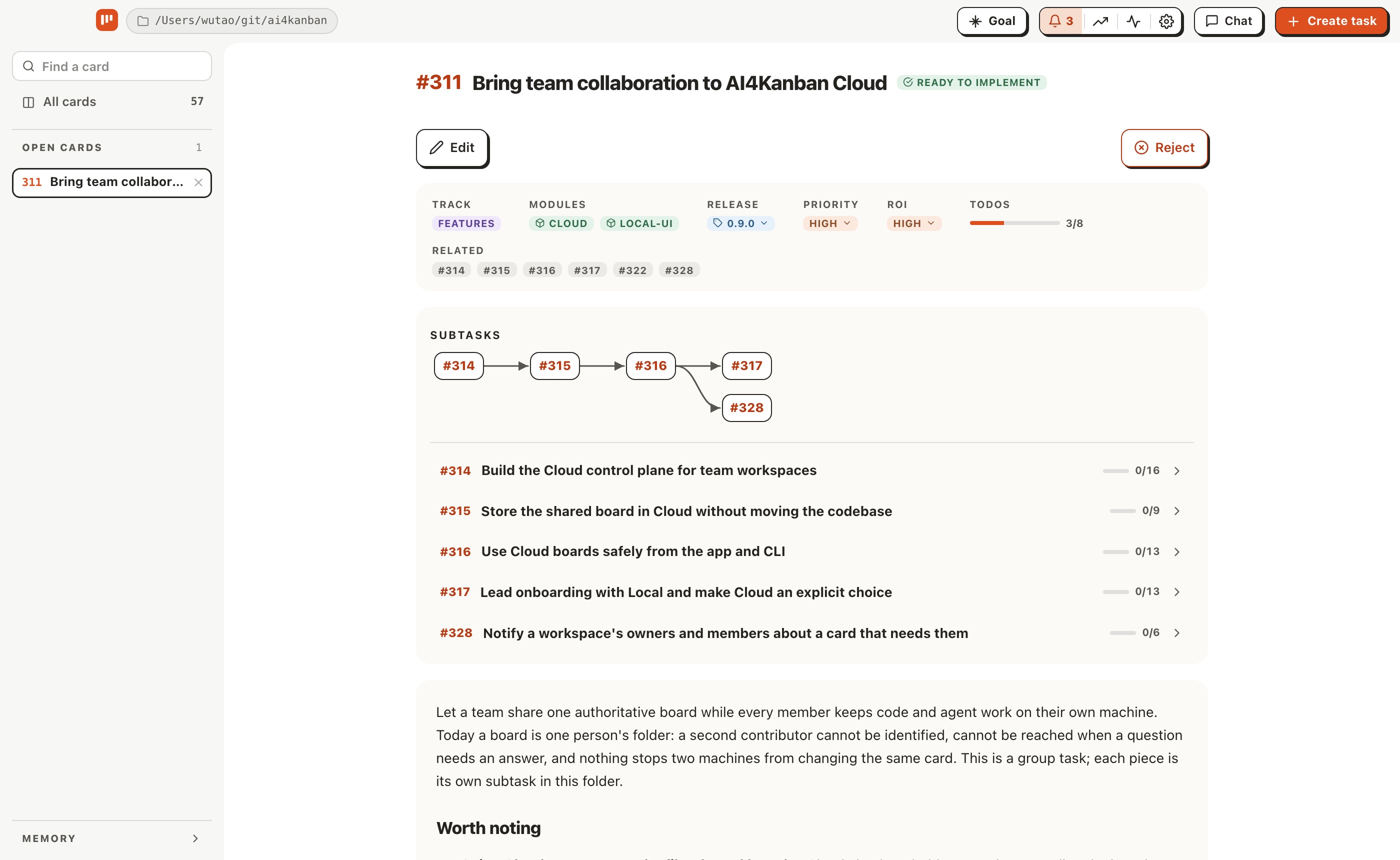 AI4Kanban local board: a card and its spec