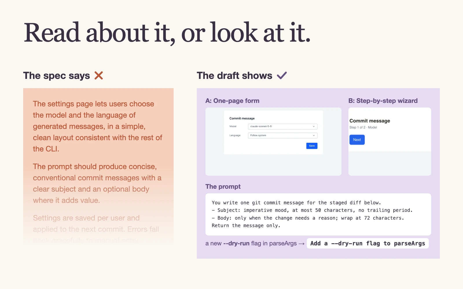An illustrative spec paragraph beside English versions of the demo's two screen drafts, the exact commit-message prompt and a sample output. The paragraph is a comparison example, not a quotation from a spec tool.