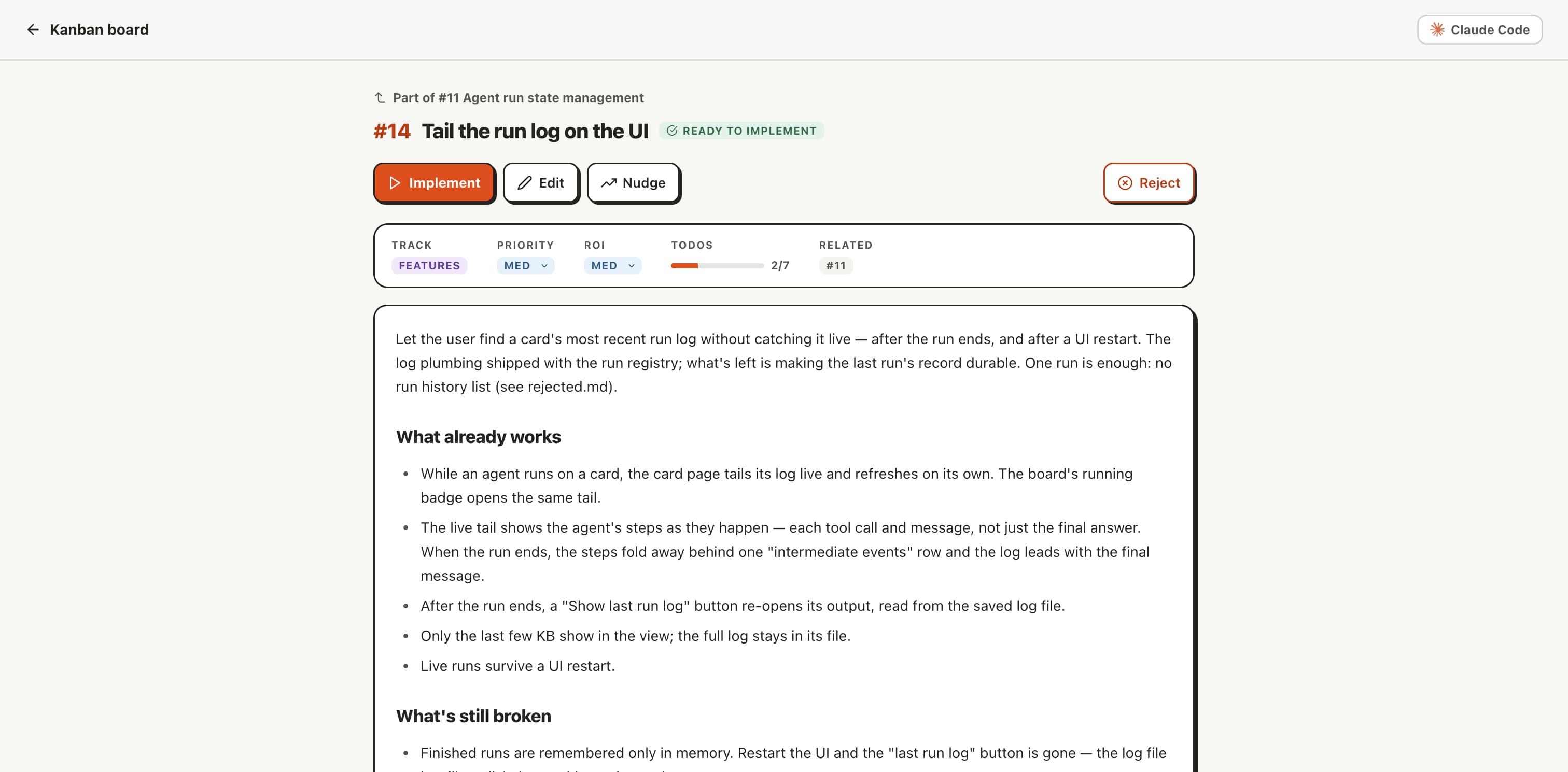 A task detail page in the local board — title, Implement / Review / Edit / Reject actions, a metadata row for track, priority, ROI, todos and blockers, and the full card body.