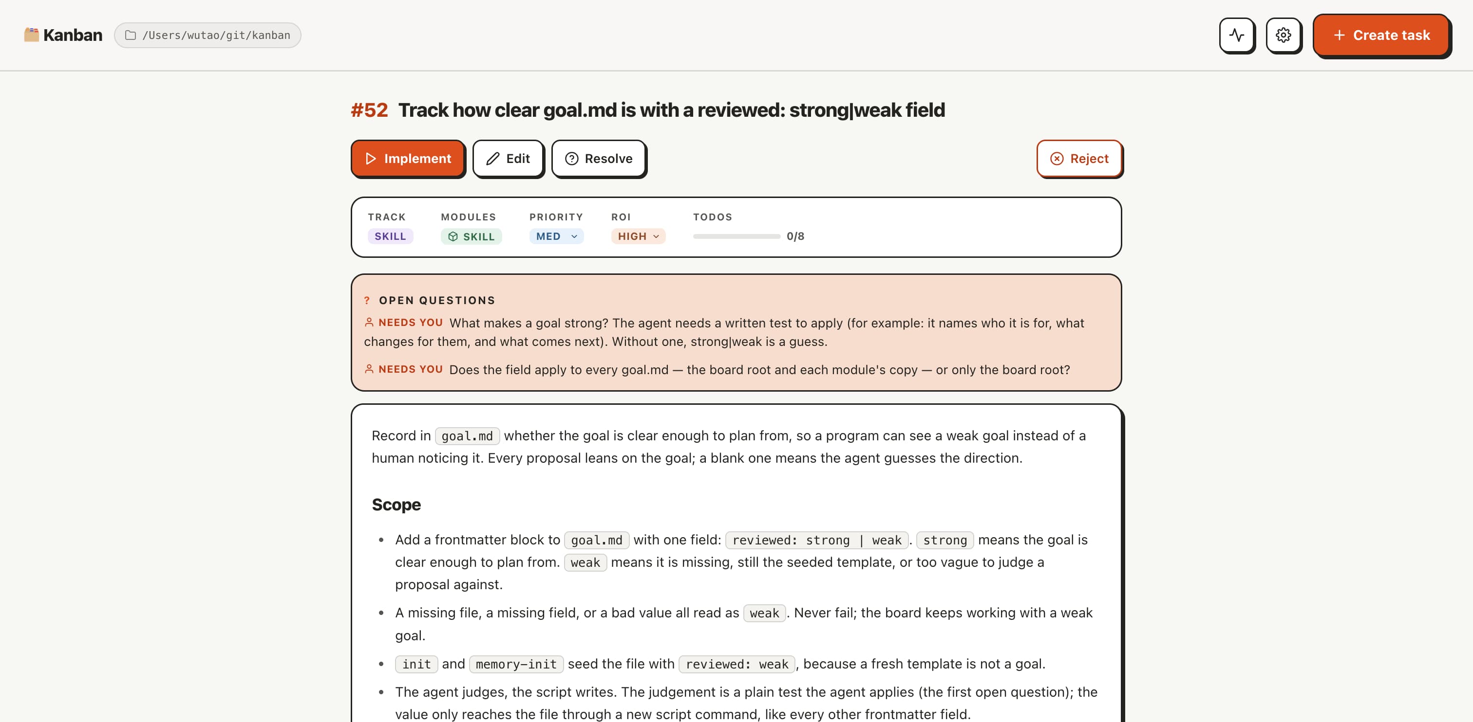 Página de detalle de una tarea en el tablero local: título, acciones Implementar / Revisar / Editar / Rechazar, una fila de metadatos con vía, prioridad, ROI, pendientes y bloqueos, y el cuerpo completo de la tarjeta.