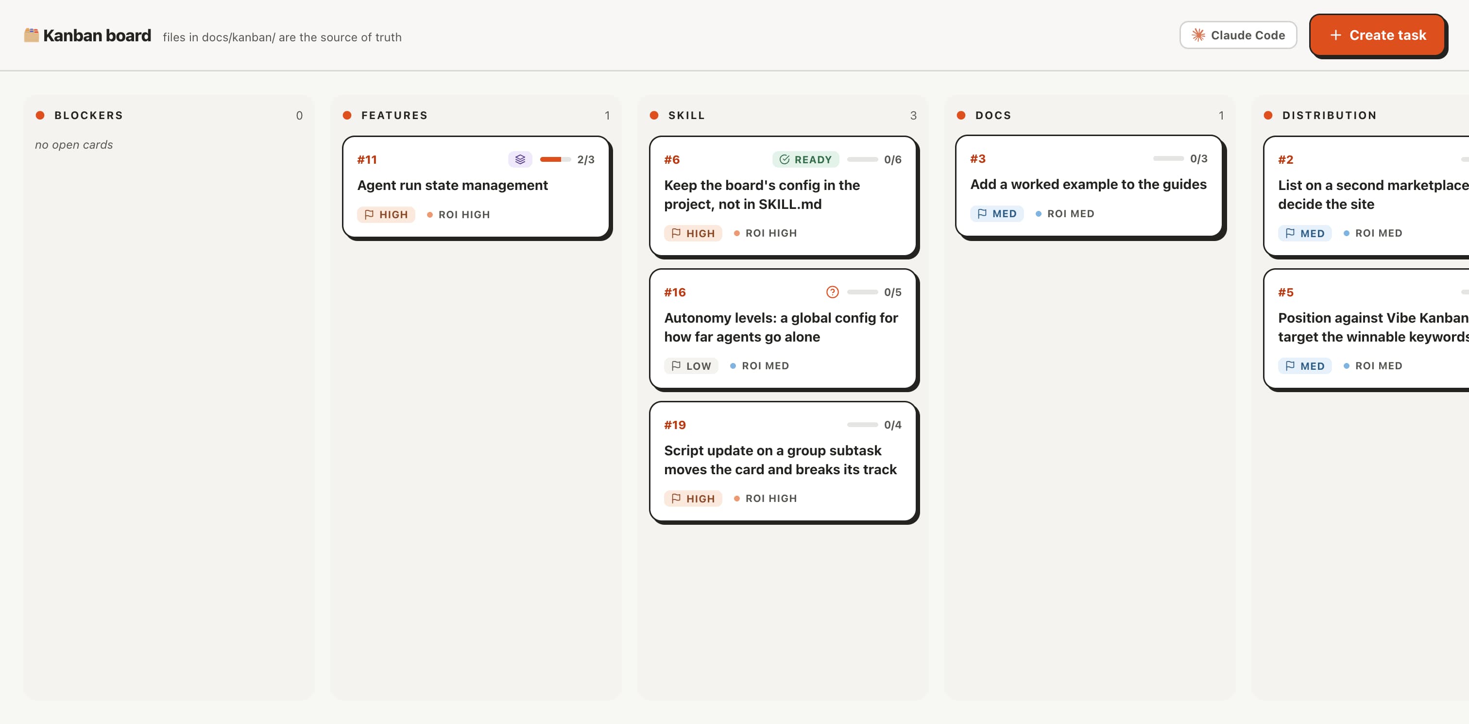 The kanban skill's local web board — Blockers, UI, Skill, Docs, and Distribution columns of Markdown cards with #ids, priority and ROI badges, and subtask progress bars.