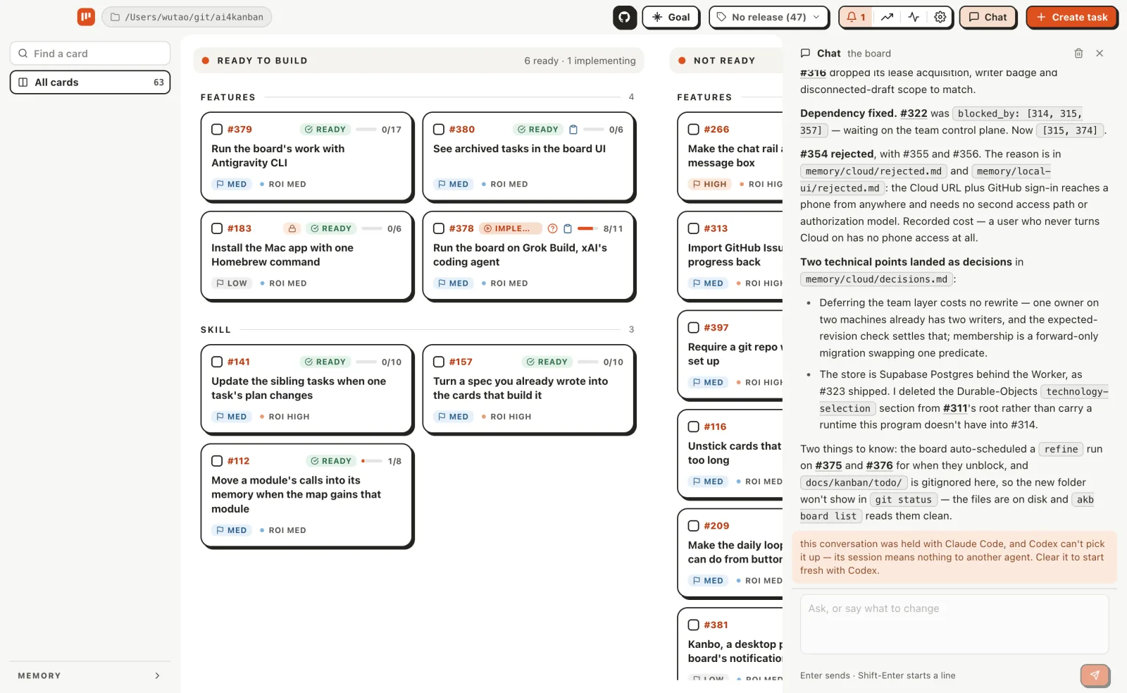 AI4Kanban discusses project dependencies and memory with Claude Code