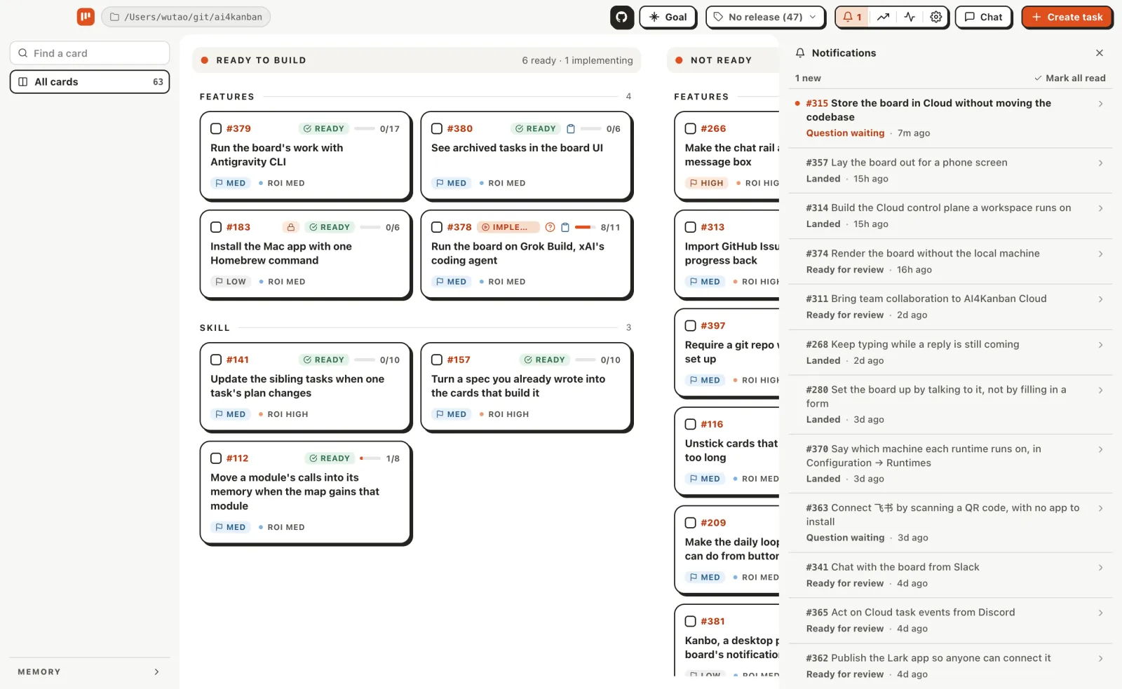 AI4Kanban notifications separate Codex questions and review requests from routine status updates