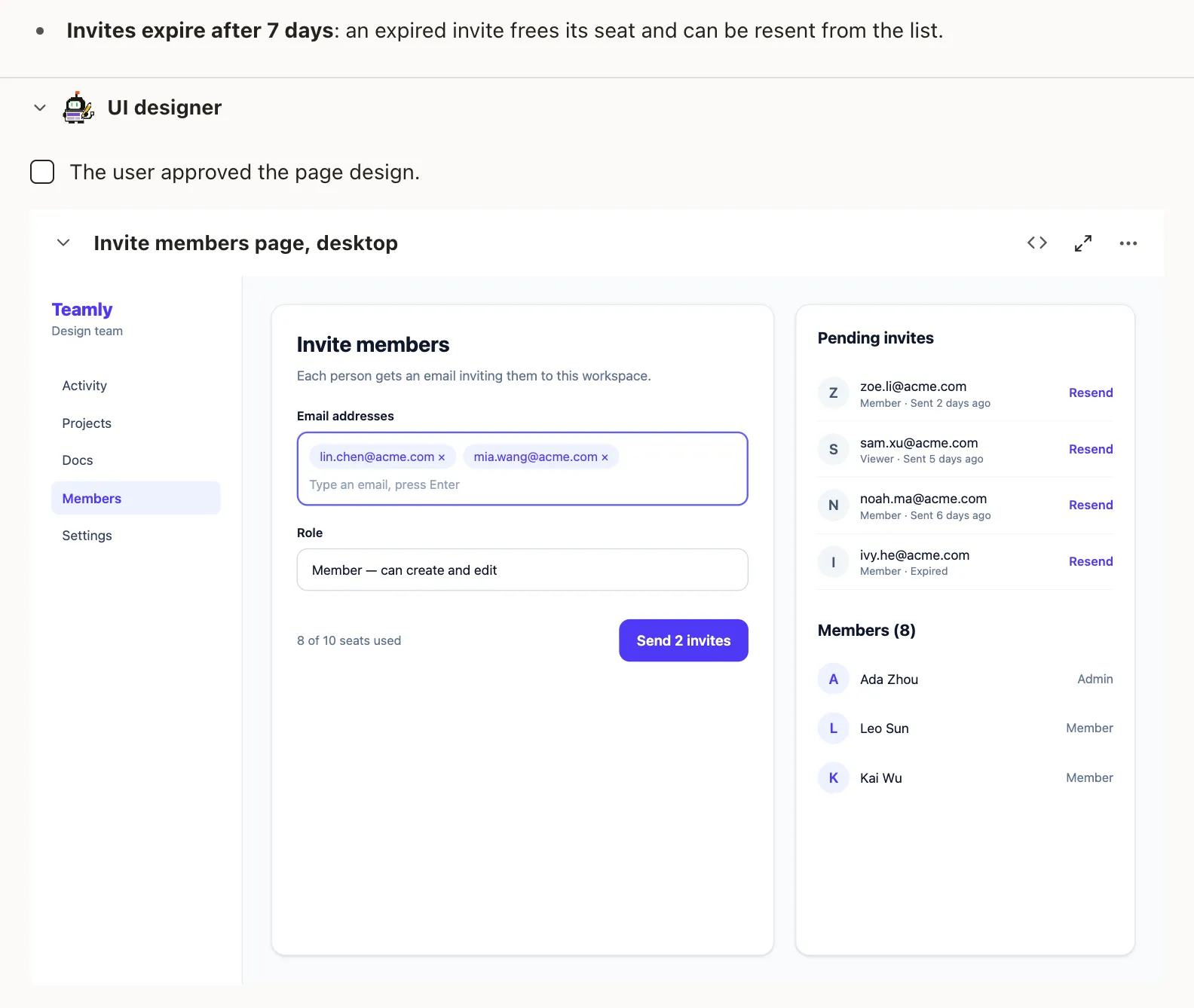 An interface draft on an AI4Kanban card, ready to review before Codex builds