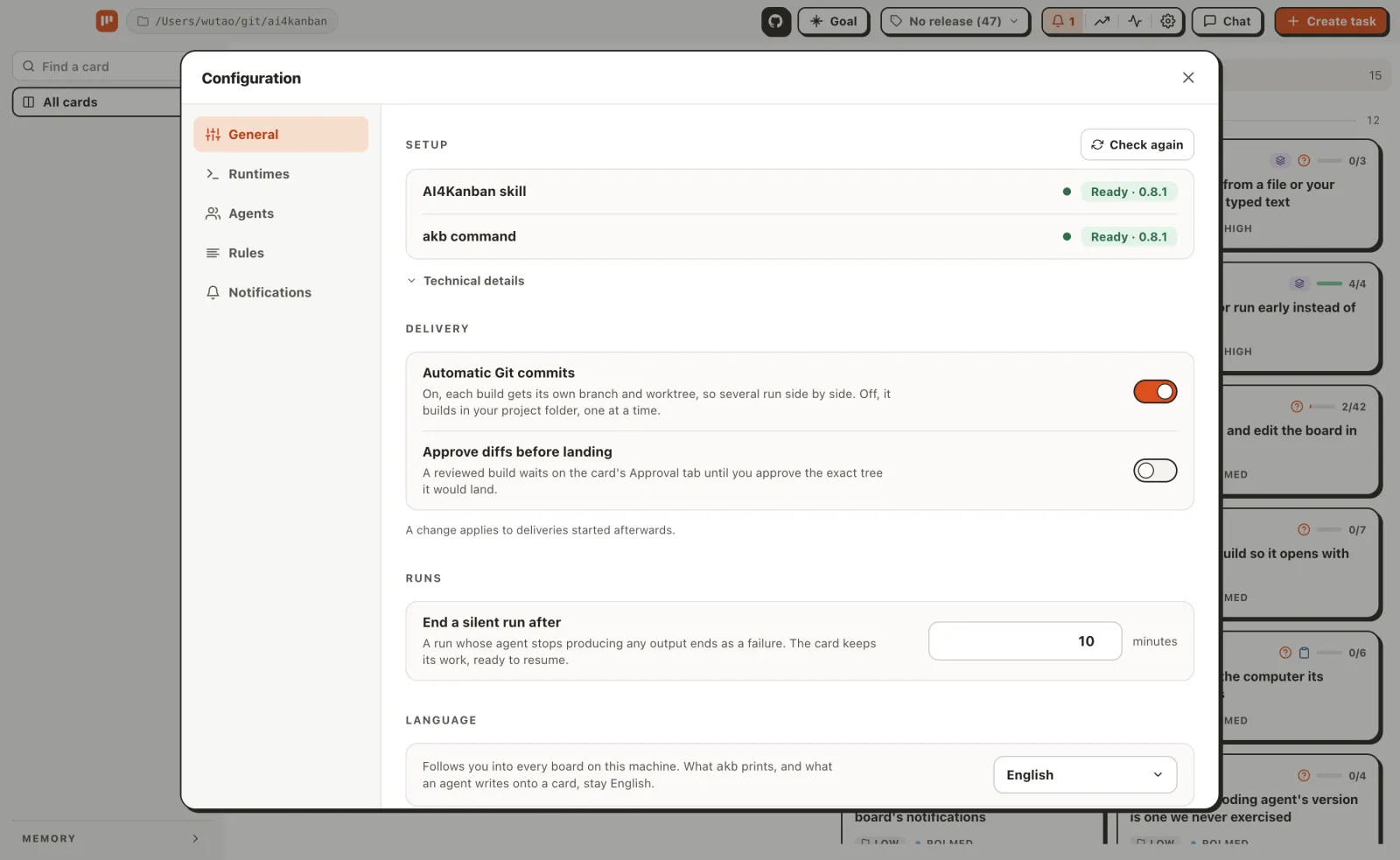 AI4Kanban settings for isolated worktrees, diff approval, and silent-run handling