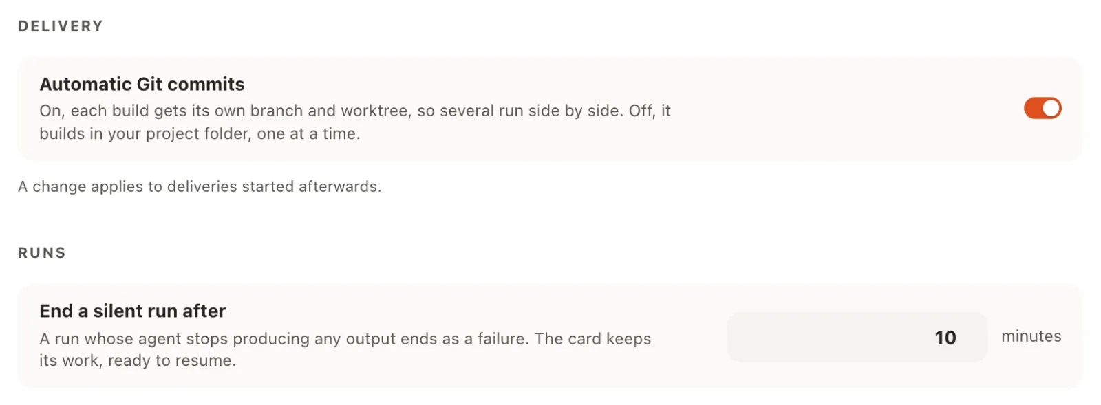 AI4Kanban settings for Automatic Git commits and End a silent run after