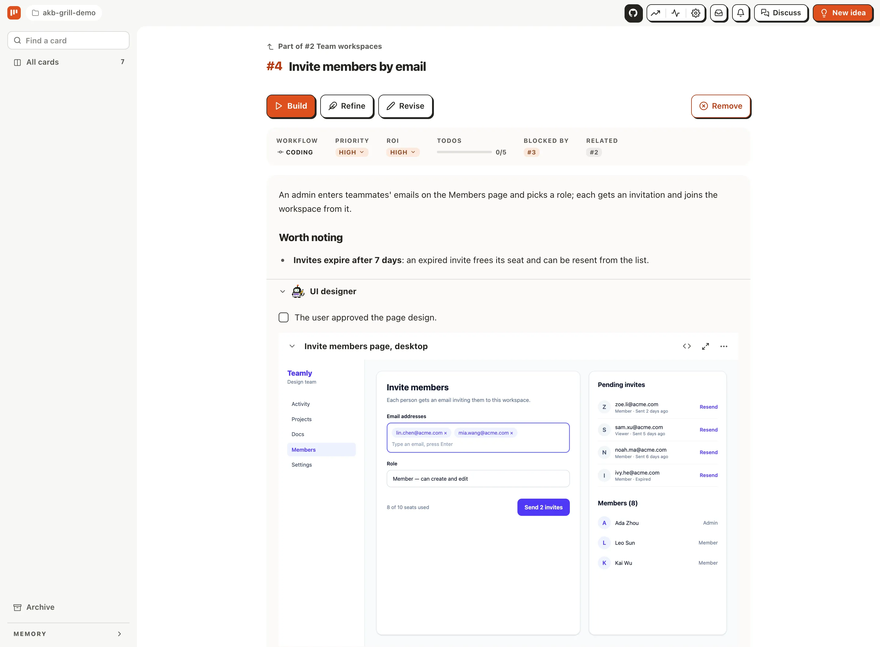 A subtask blocked by its prerequisite, with a page design waiting for approval