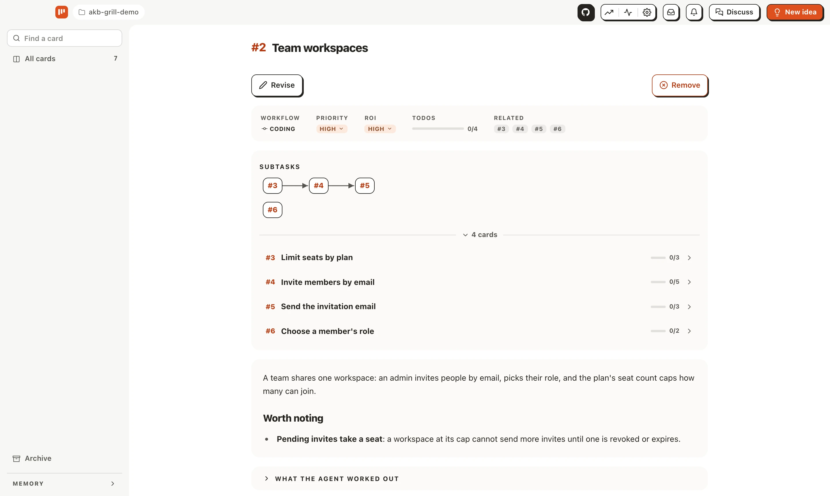 One idea split into a group task: subtasks with their dependency arrows
