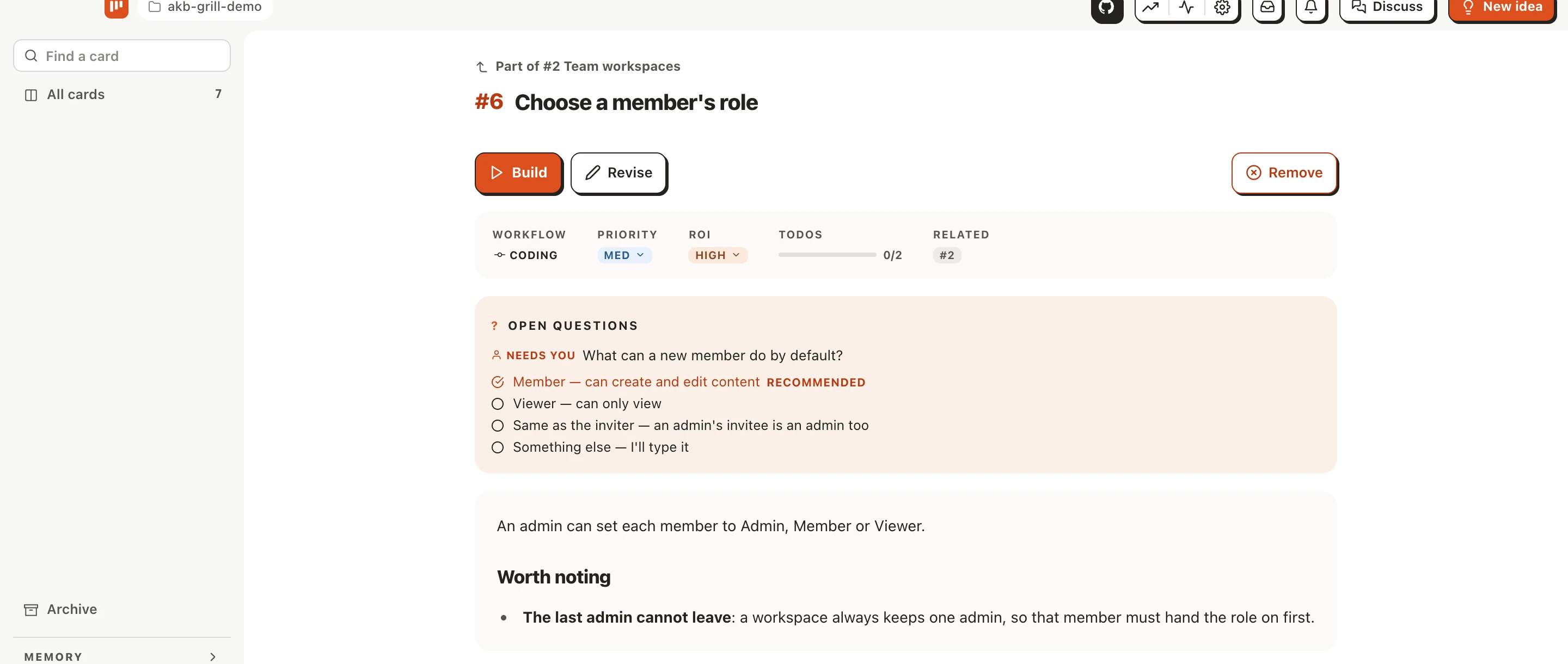 A subtask's own planning: one product question left, with a recommended answer