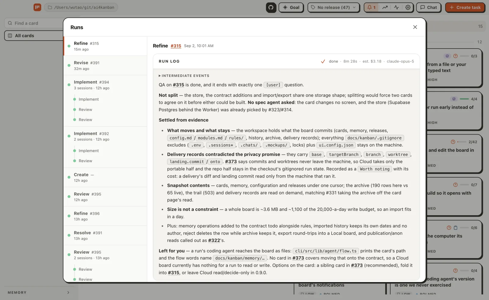 A Claude Code refinement run separates decisions settled from evidence from questions left for the user